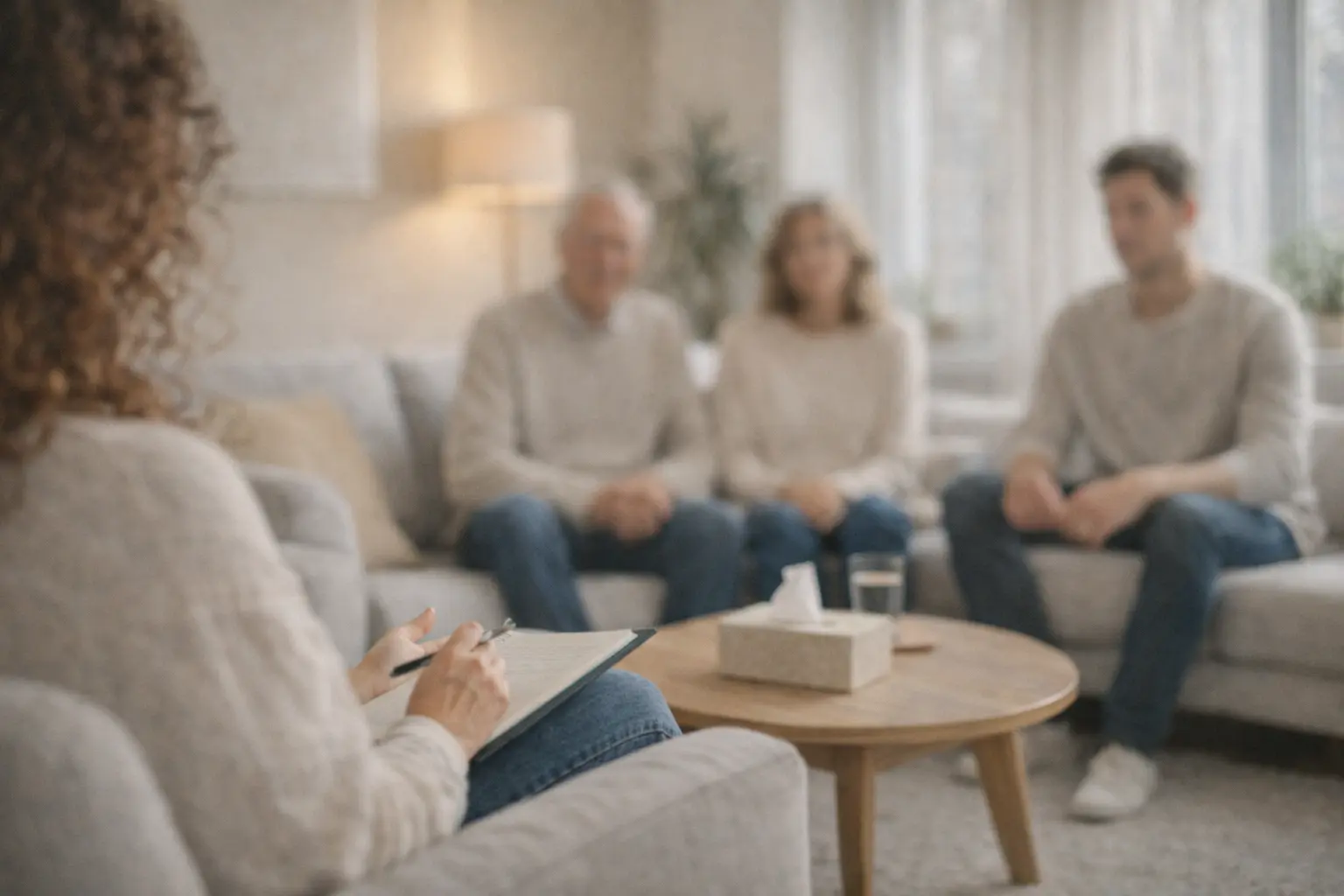 Sesión de terapia familiar sistémica en Valencia en un entorno luminoso y acogedor